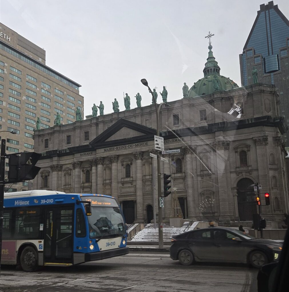 Mary Queen of the World Cathedral in downtown Montreal, Quebec, with snow on the steps