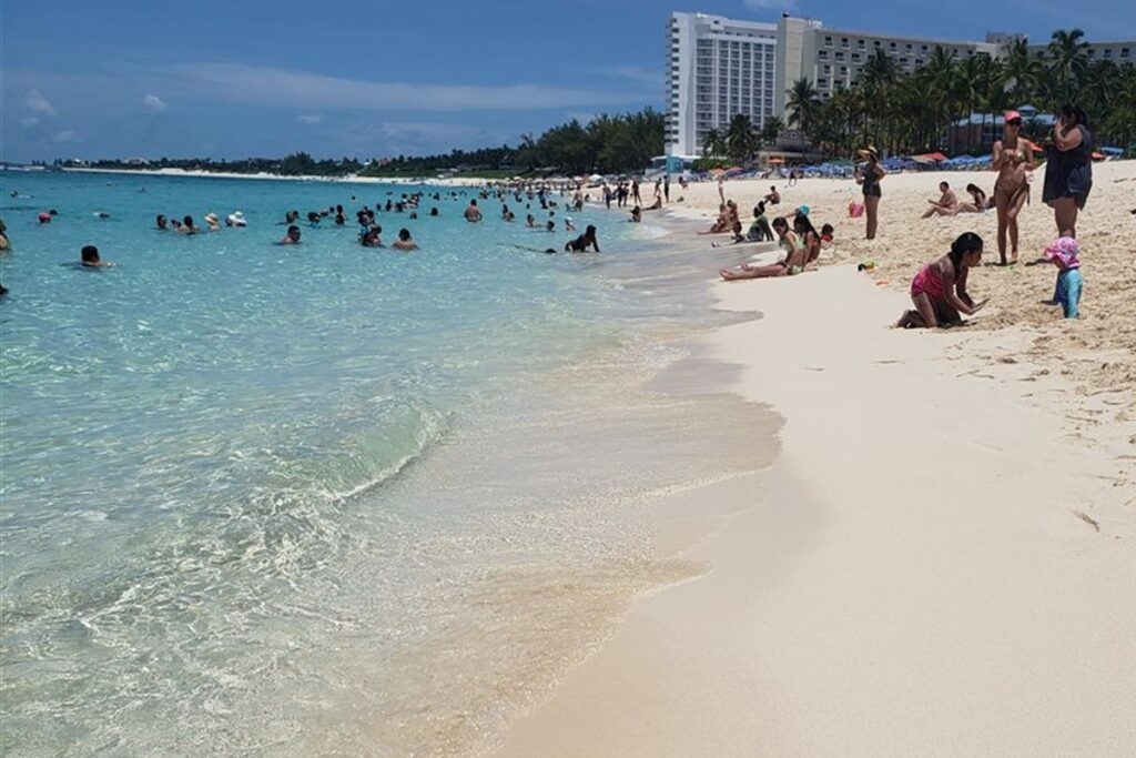 The beach at Atlantis on Paradise Island, with the resort towers behind the sand