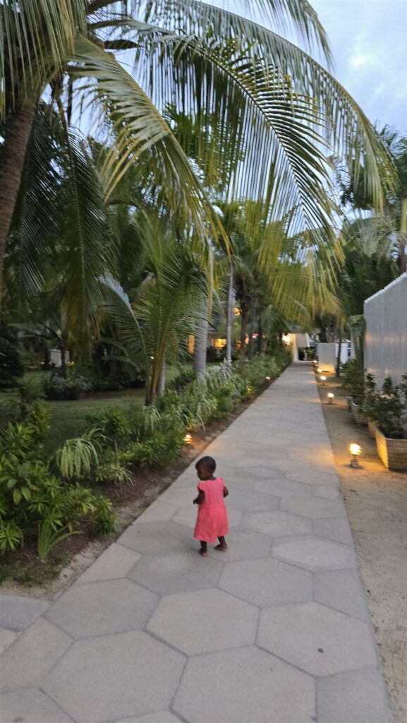 Our toddler walking along a palm-lined path in Negril, Jamaica, seen from behind