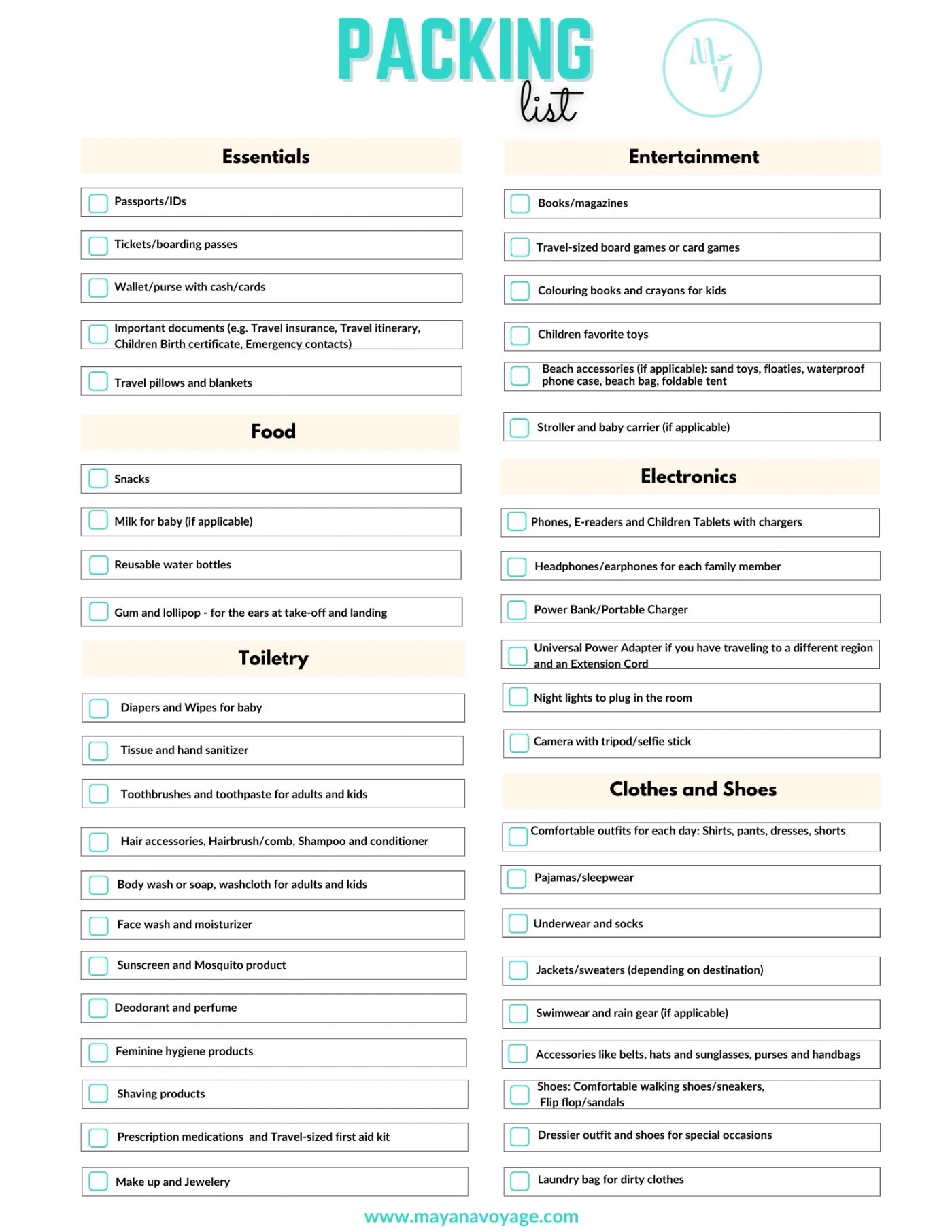 Preview of the Mayana Voyage family packing list