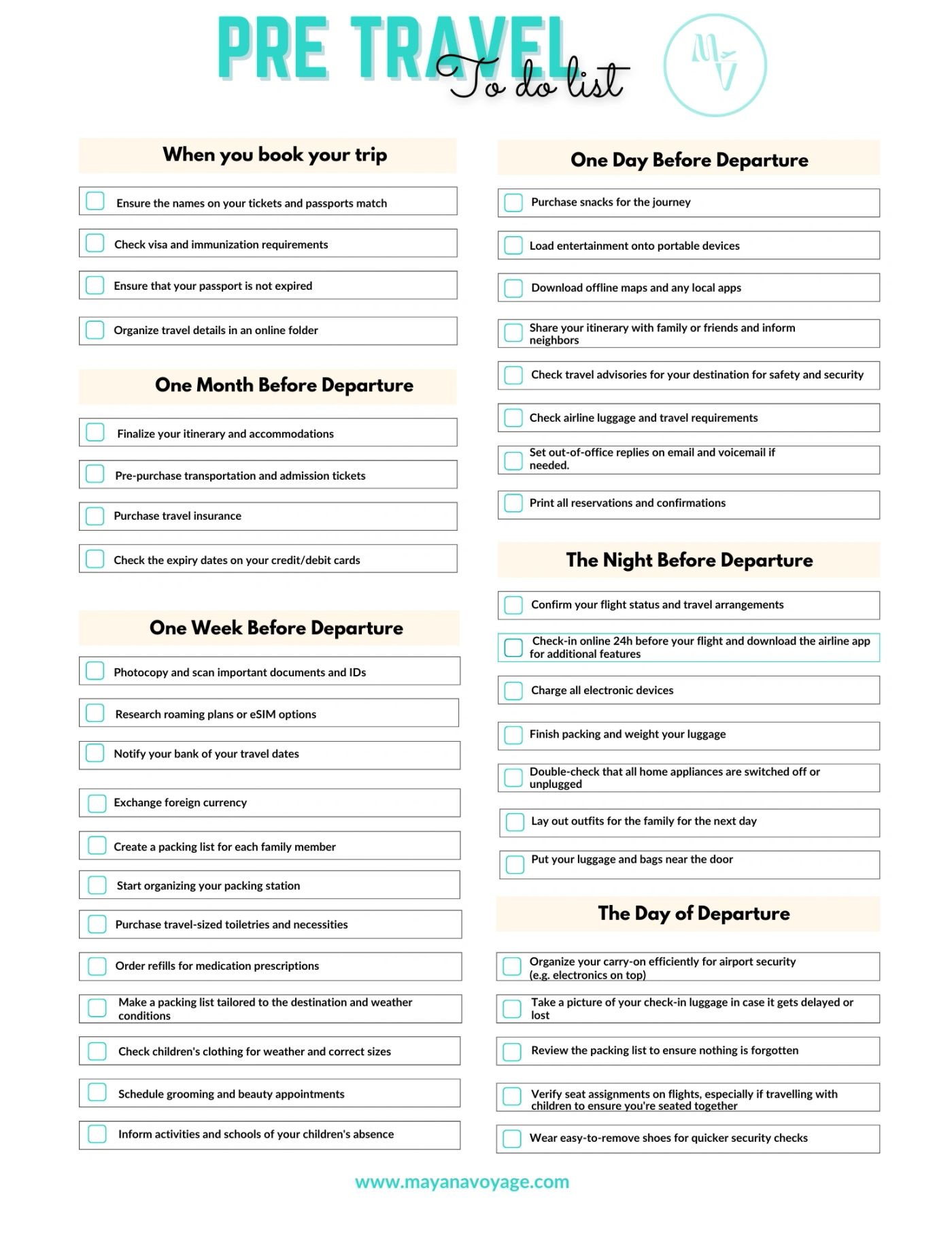 Preview of the Mayana Voyage pre-travel checklist